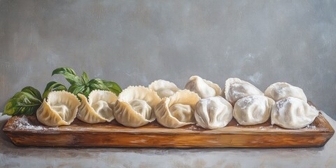 Oil painting of handmade dumplings displayed on a wooden tray against a gray background featuring traditional ravioli and frozen pelmeni in a vertical arrangement