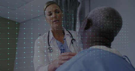 Canvas Print - Animation of cardiograph over caucasian female doctor examining her patient in hospital