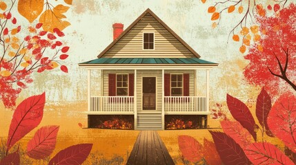 Charming countryside home surrounded by colorful autumn leaves showcasing a cozy wooden porch