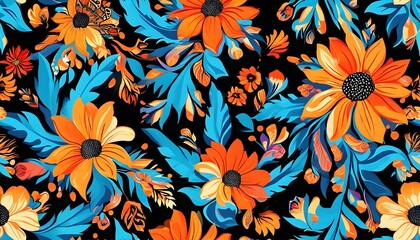 Bold tribal floral pattern in vibrant teal, orange, and black, perfect for fashion textiles, home decor, and striking print designs