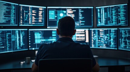 Aufkleber - Cybersecurity Specialist Working on Multiple Monitors.