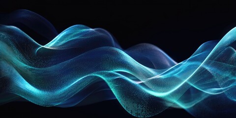 Poster - 2D cartoon illustration of abstract flowing light lines in dynamic blue and green hues set against a black background representing concepts of AI technology digital communication 5G science and mu