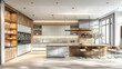 © Siasart Stock - Modern kitchen design with wood and marble finishes, featuring sleek appliances and seating.