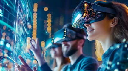 Woman in VR Headset Interacting with Digital Interface