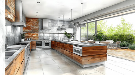 Wall Mural - Modern kitchen design with wooden elements and large windows for natural light.