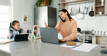 Poster - Woman, stress and phone call in home, child learning and laptop for negotiation with bank in kitchen. Mother, frustrated and talking to consultant for help with audit, tablet and girl for education