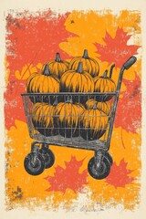 Wall Mural - Autumn shopping scene featuring a cart filled with pumpkins and surrounded by maple leaves