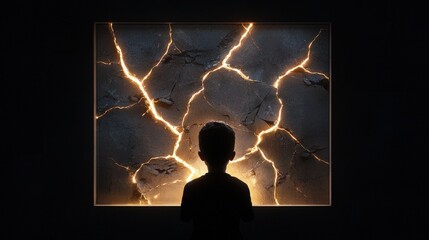 Wall Mural - Child Silhouette Looking at Crack in Wall with Glowing Light