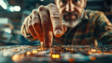 Poster - Closeup of a Man's Hand Pointing at a Circuit Board.
