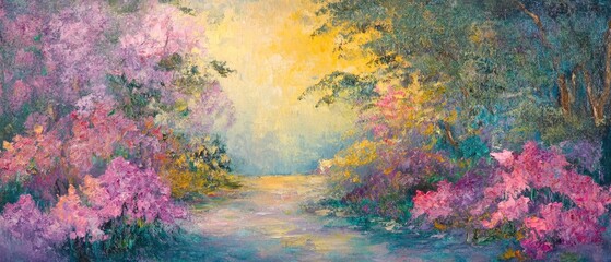 Wall Mural - Oil painting depicting a vibrant pink flower garden in a natural setting