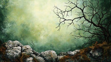 Wall Mural - Abstract oil painting depicting a nature scene featuring moss stones and dry branches set against a green background providing ample space for text or design elements