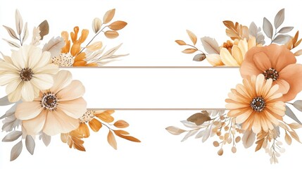 A watercolor autumn floral wreath featuring detailed flowers and leaves in soft pastel shades, set against a white background, with space for personalized text in two borders