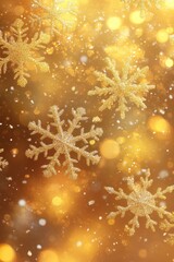 Poster - Christmas themed background featuring a mix of large and small falling snowflakes in shades of yellow enhanced by a beautiful bokeh effect