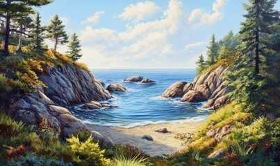 Oil painting depicting a scenic view of a cove along a rugged coastline capturing the beauty of nature and serene waters