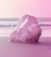 Pink Gem grade rough Rose Quartz chunk from Madagascar lying on wet sand in front of the lake at sunrise.
