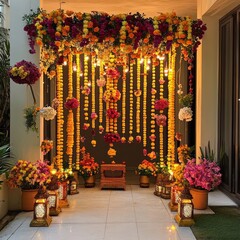 Wall Mural - A beautiful floral arrangement with lights and lanterns creates a festive atmosphere for a special occasion.