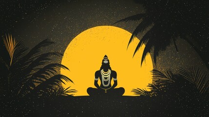 Poster - Silhouette of a meditating man against a full moon in a starry night sky