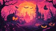 © Tabassum - Halloween Themed Cartoon Background with Pumpkins, Creepy Ghosts, and Witches in Dark Pink and Orange Style