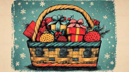 Wall Mural - Coloring book illustration of a festive basket filled with gifts and treats for the holiday season