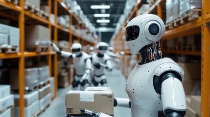 Poster - Robots working in a warehouse.