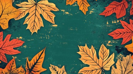 Canvas Print - Retro illustration featuring a vibrant green background with beautifully detailed autumn leaves ideal for seasonal coloring activities