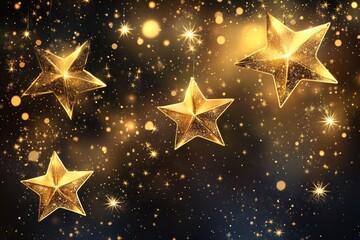 Poster - Golden stars and dust create a shimmering effect illustrated in a 2D cartoon style on a transparent backdrop Features a magical sparkle reminiscent of festive lights