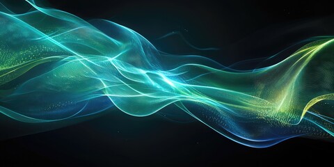 Poster - 2D cartoon illustration of abstract flowing light lines in dynamic blue and green hues set against a black background representing concepts of AI technology digital communication 5G science and mu