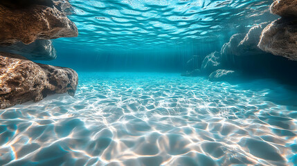 Underwater scene showcasing clear blue water and rocky formations.