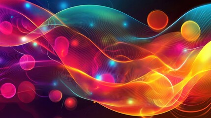 Poster - Vibrant colored lines with luminous effects and circular motifs in an abstract wave background