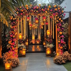 Wall Mural - A beautifully decorated wedding archway with colorful flowers, lanterns, and lights.