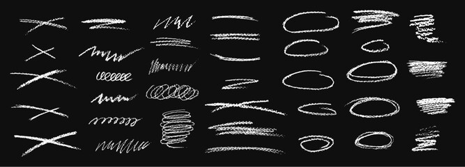 Poster - Set of chalk scribble frames and line brush elements. Collection of white wax pencil drawn highlighter spots and cross shapes. Rough crayon vector illustration. Squiggles in children style