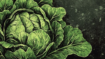 Close up illustration of natural fresh green cabbage with dew drops showcasing texture