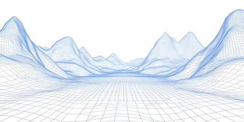 Poster - 2D cartoon style illustration of a wireframe landscape featuring an abstract perspective grid on a white backdrop