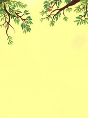 Wall Mural - Two tree branches with green leaves against a bright yellow background.