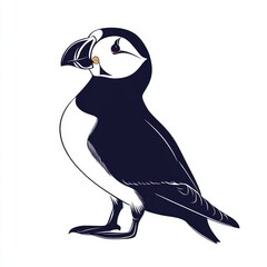 Sticker - A black and white illustration of a puffin bird, facing right, with a white belly, dark blue body, and an orange beak.