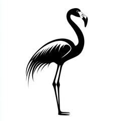 Poster - A black and white silhouette of a flamingo standing on one leg with its neck curved.