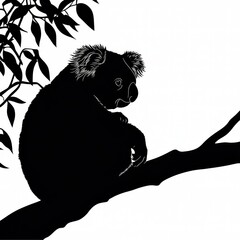 Wall Mural - A black and white silhouette of a koala sitting on a branch with leaves.