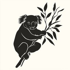 Sticker - A black and white silhouette of a koala sitting on a branch of eucalyptus leaves.