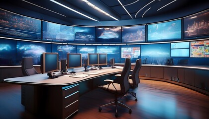 Aufkleber - Modern Control Room with Multiple Screens Displaying Cityscapes and Data