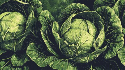 Close up illustration of natural fresh green cabbage with dew drops showcasing texture