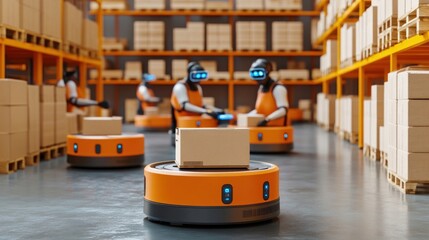 Poster - Automated Warehouse Robots Delivering Packages.