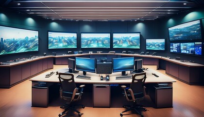 Poster - Modern Control Room with Multiple Monitors Displaying Cityscape