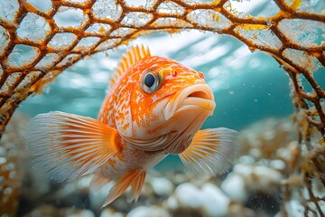 Wall Mural - Vibrant orange fish inside ocean netting: underwater close-up with marine textures