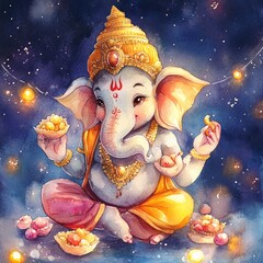 Sticker - A cheerful Ganesha, an elephant deity in Hinduism, sits cross-legged and holds a sweet treat in one hand and a flower in the other.  He is wearing a yellow turban, pink