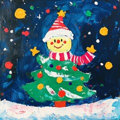 Canvas Print - A cheerful snowman stands beside a decorated Christmas tree with falling snow in a child's painting.