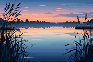 serene sunset over calm lake with reeds