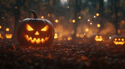 Wall Mural - Spooky Halloween Jack O Lantern in Forest with Glowing Lights