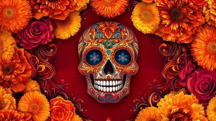 Canvas Print - Vibrant Sugar Skull surrounded by Marigolds and Candles in Mexican Celebration Frame on Red Background