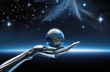 Wall Mural - A metallic robotic hand cradles a small, glowing Earth against a black space backdrop, with stars and a soft blue aura, symbolizing a new beginning. Made with generative AI technology