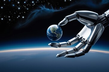 Wall Mural - A metallic robotic hand cradles a small, glowing Earth against a black space backdrop, with stars and a soft blue aura, symbolizing a new beginning. Made with generative AI technology